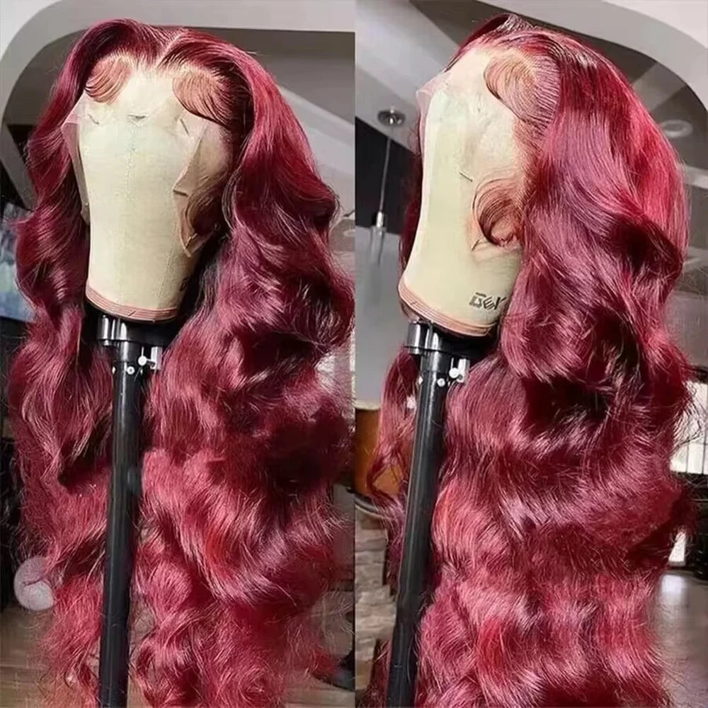 burgundy 13x6 HD lace frontal human hair wig 99J,Human Hair Wig Body Wave 40 44 Inch, Brazilian Colored Red.