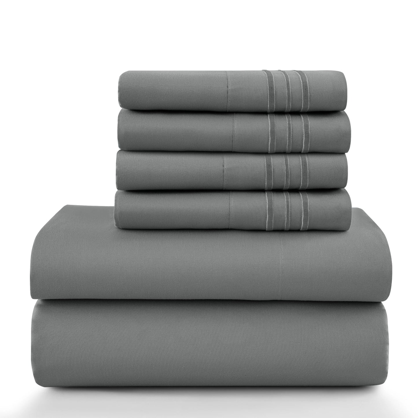 Lux Décor 6Pc Solid Sheet Set – Brushed Microfiber, 16" Deep Pockets, with Embroidered & Plain Pillowcases.