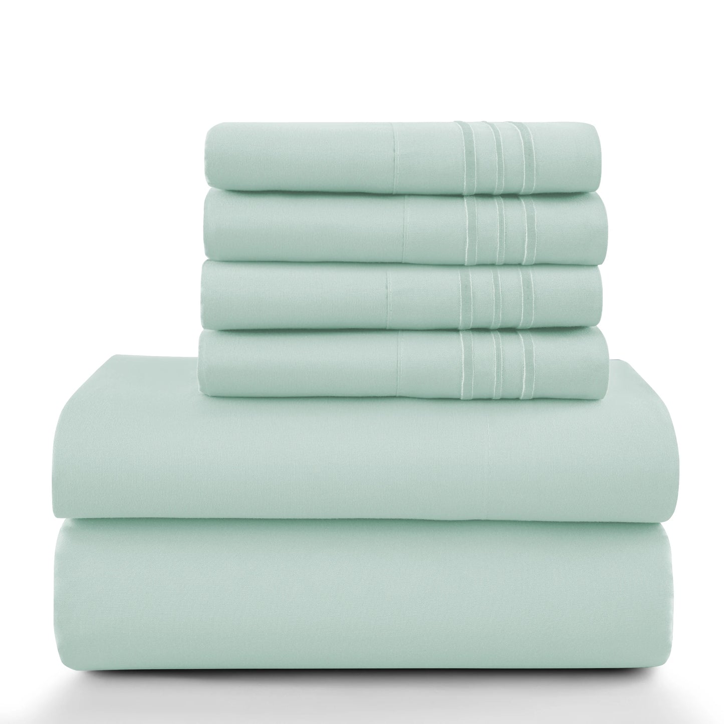 Lux Décor 6Pc Solid Sheet Set – Brushed Microfiber, 16" Deep Pockets, with Embroidered & Plain Pillowcases.