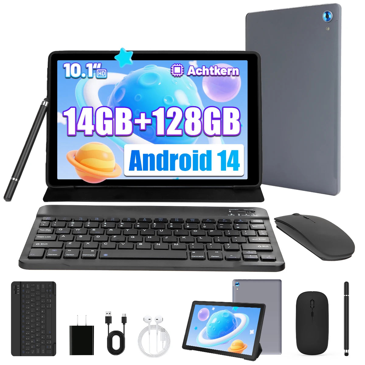 10 Inch Tablet Android 14 16GB RAM 128GB ROM 1TB Expand Octa-Core Wide vine L1 With Stylus Keyboard Mouse for Work.