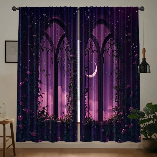 2pcs Blooming Rose Window Curtains Gothic Design, Room Darkening Polyester curtains.