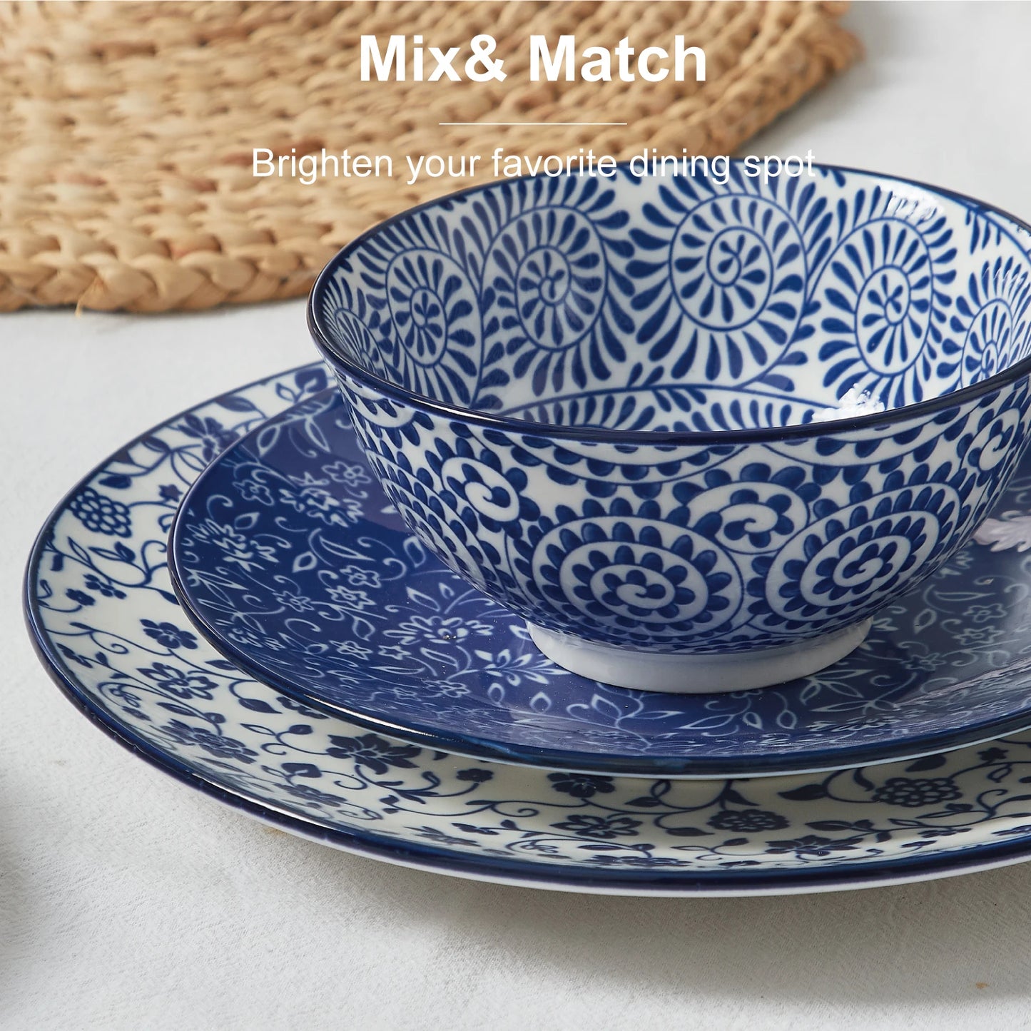 12pcs, Plates and Bowls, Dish Sets for 4 - Scratch Resistant, Dishwasher & Microwave Safe, Vintage Blue.