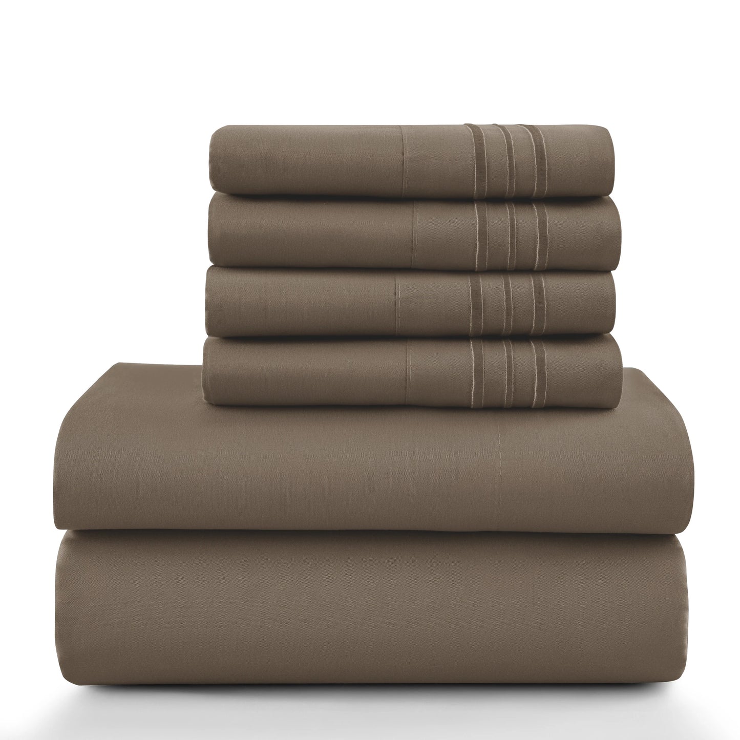 Lux Décor 6Pc Solid Sheet Set – Brushed Microfiber, 16" Deep Pockets, with Embroidered & Plain Pillowcases.