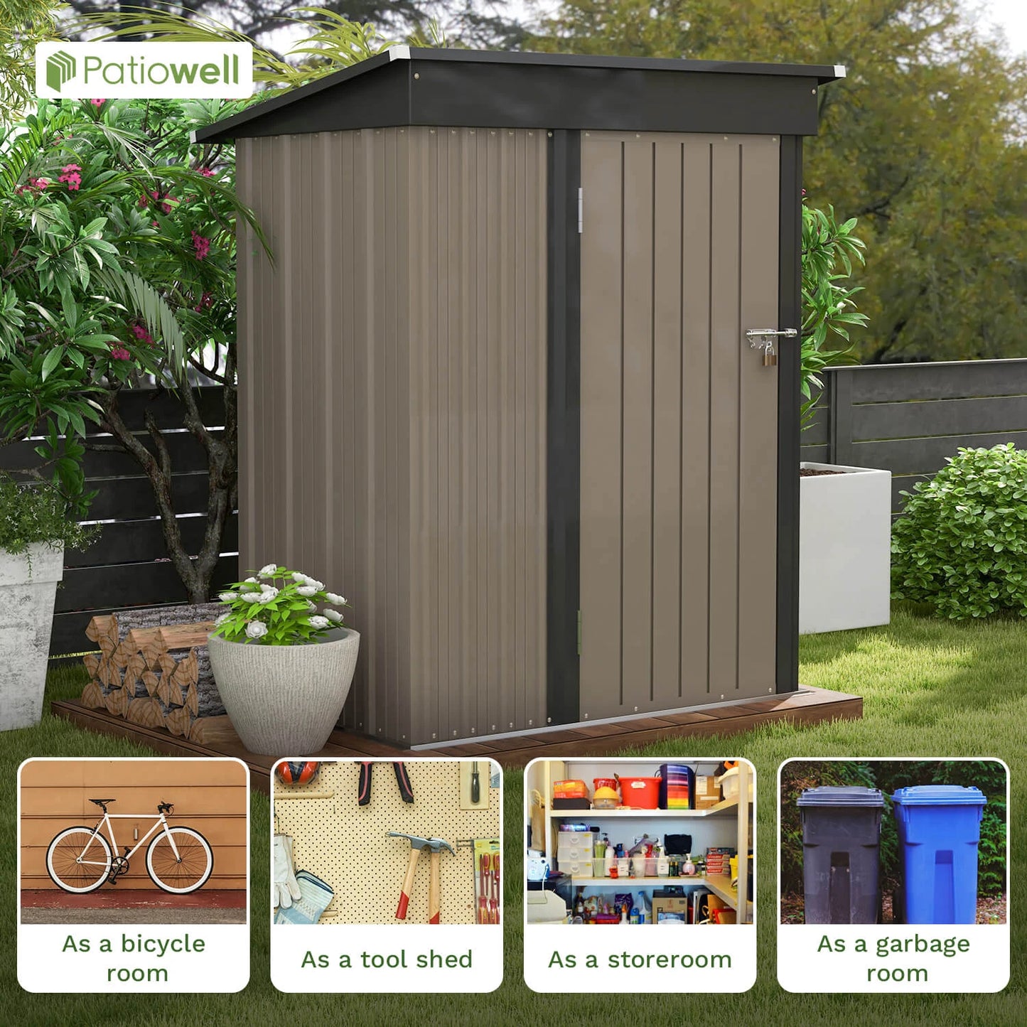 Patio well 5x3 FT Outdoor Storage Shed, Tool Shed with Sloping Roof and Lockable Door.