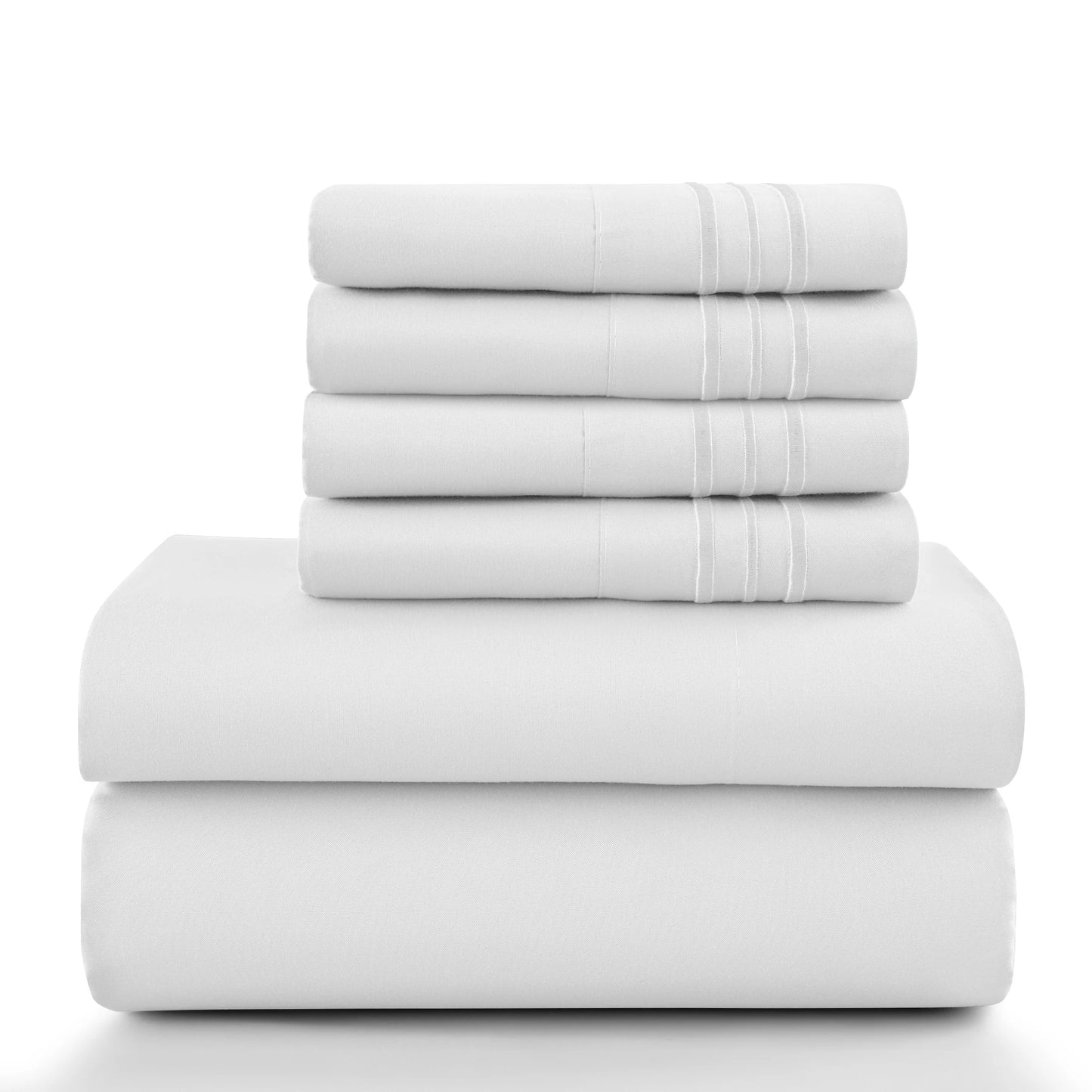 Lux Décor 6Pc Solid Sheet Set – Brushed Microfiber, 16" Deep Pockets, with Embroidered & Plain Pillowcases.
