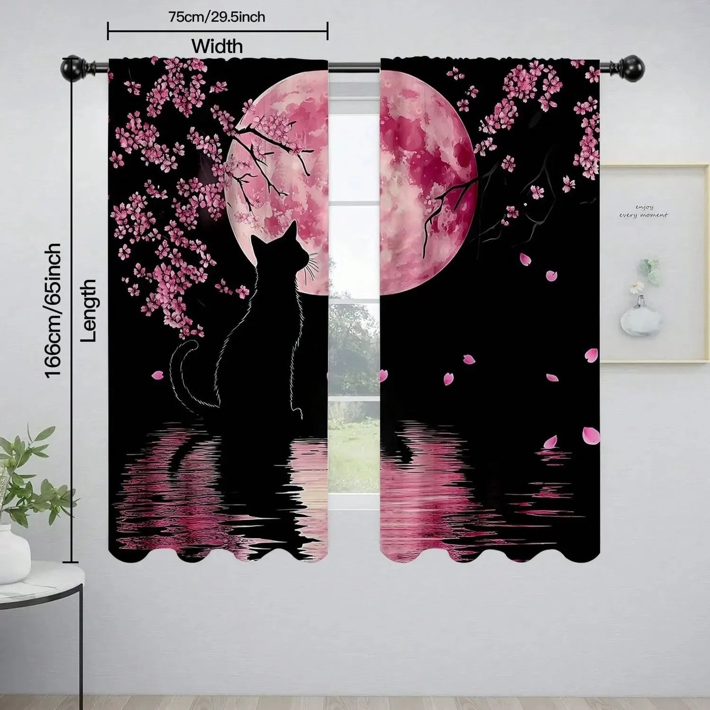JIT 2pcs Dreamy Floral Blackout Curtain, Cherry Blossom Cat Design Polyester Drapes.