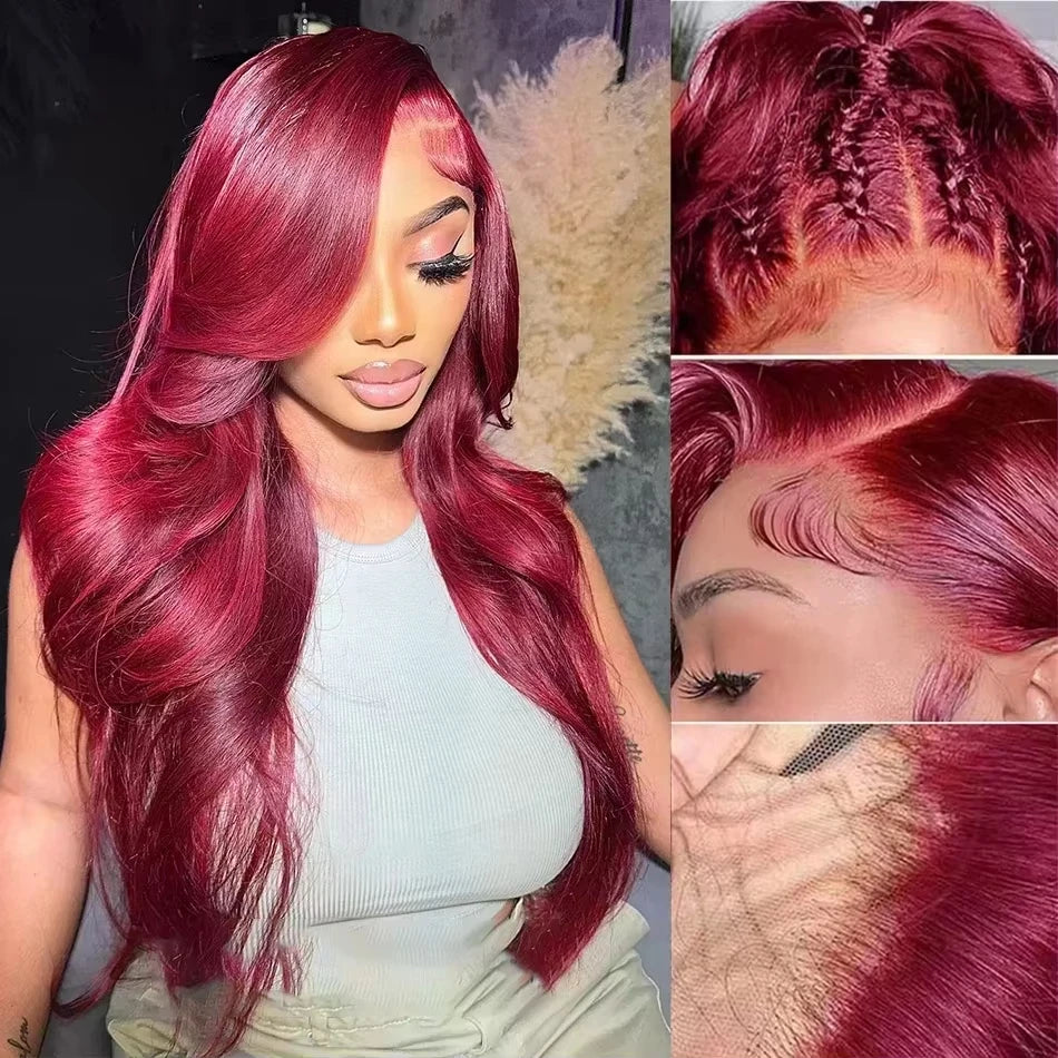 burgundy 13x6 HD lace frontal human hair wig 99J,Human Hair Wig Body Wave 40 44 Inch, Brazilian Colored Red.