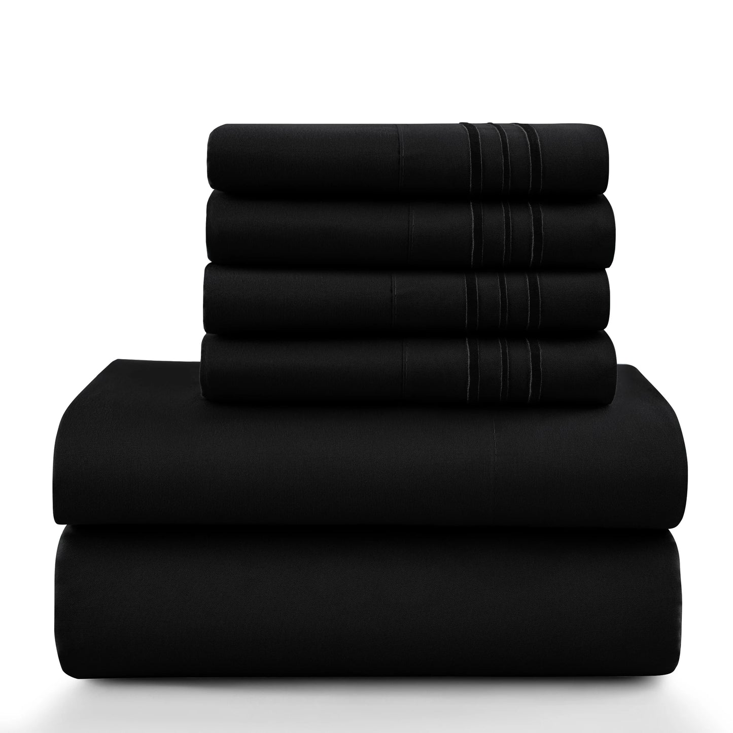 Lux Décor 6Pc Solid Sheet Set – Brushed Microfiber, 16" Deep Pockets, with Embroidered & Plain Pillowcases.