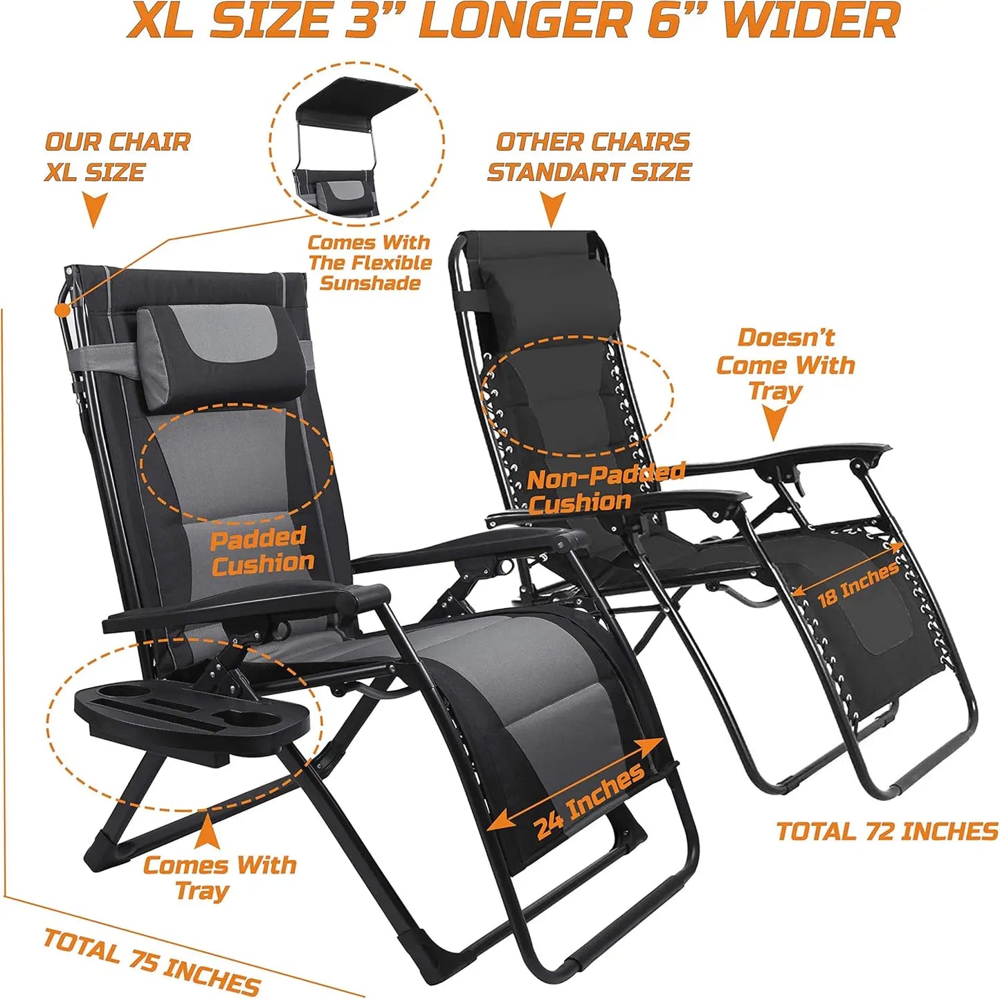 XXL Oversize Recliner Folding Chair for Camping, Patio, Outdoors. Reclining Padded Seats.