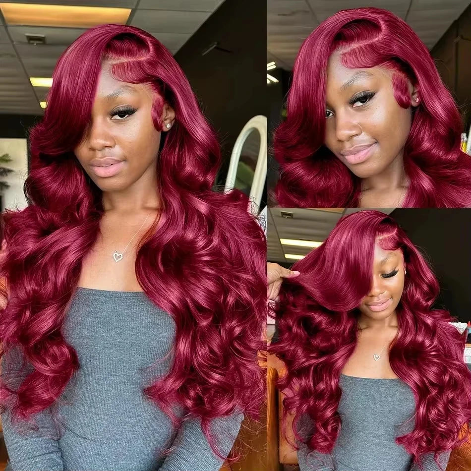 burgundy 13x6 HD lace frontal human hair wig 99J,Human Hair Wig Body Wave 40 44 Inch, Brazilian Colored Red.