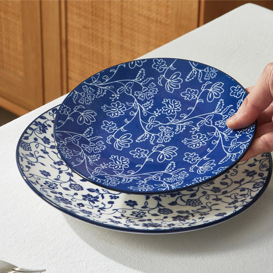 12pcs, Plates and Bowls, Dish Sets for 4 - Scratch Resistant, Dishwasher & Microwave Safe, Vintage Blue.