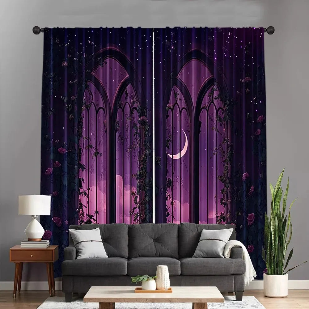 2pcs Blooming Rose Window Curtains Gothic Design, Room Darkening Polyester curtains.