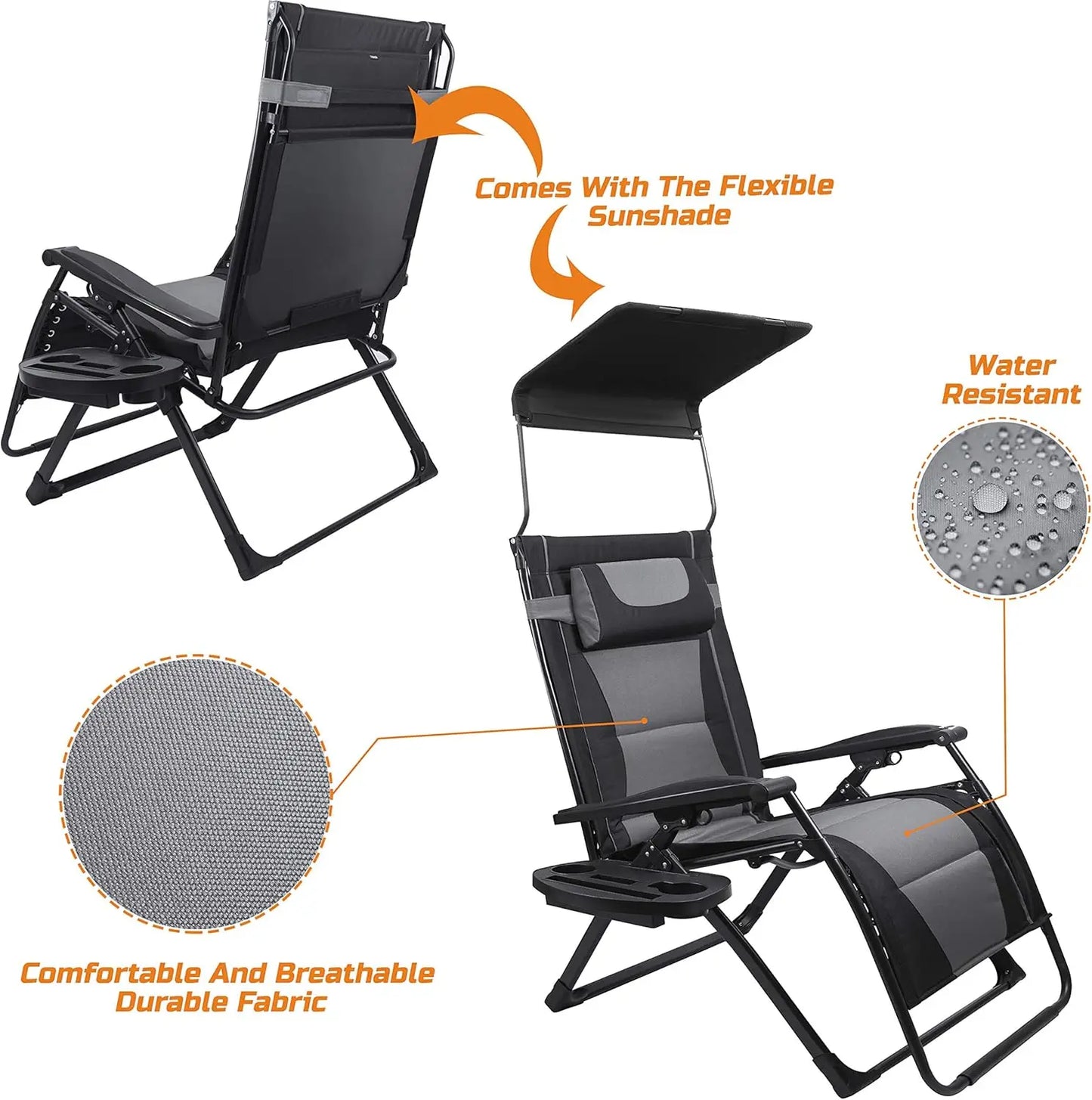 XXL Oversize Recliner Folding Chair for Camping, Patio, Outdoors. Reclining Padded Seats.