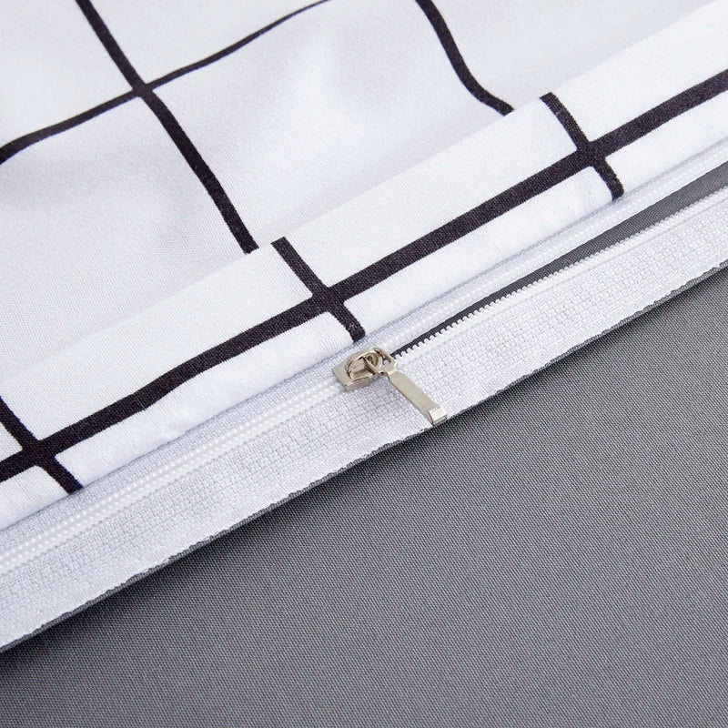 Queen Size Bedding Set, White Color, Black Plaid Microfiber, King Size Bed Linen