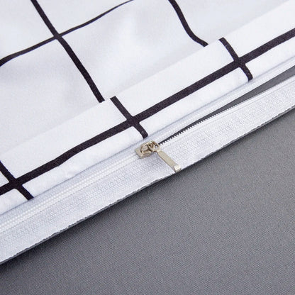 Queen Size Bedding Set, White Color, Black Plaid Microfiber, King Size Bed Linen