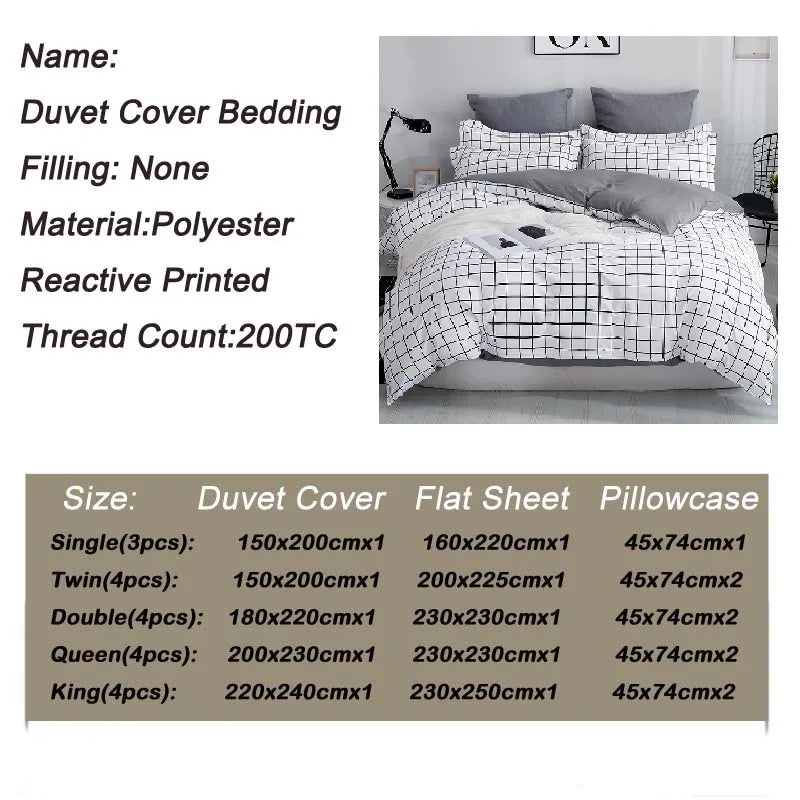 Queen Size Bedding Set, White Color, Black Plaid Microfiber, King Size Bed Linen