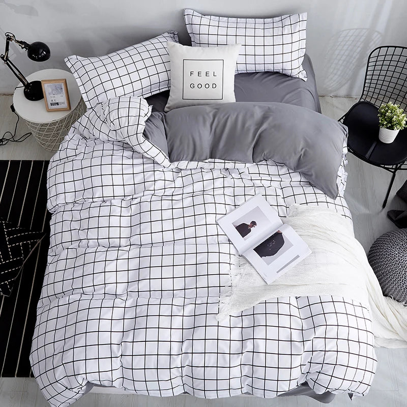 Queen Size Bedding Set, White Color, Black Plaid Microfiber, King Size Bed Linen