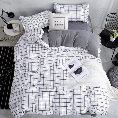 Queen Size Bedding Set, White Color, Black Plaid Microfiber, King Size Bed Linen