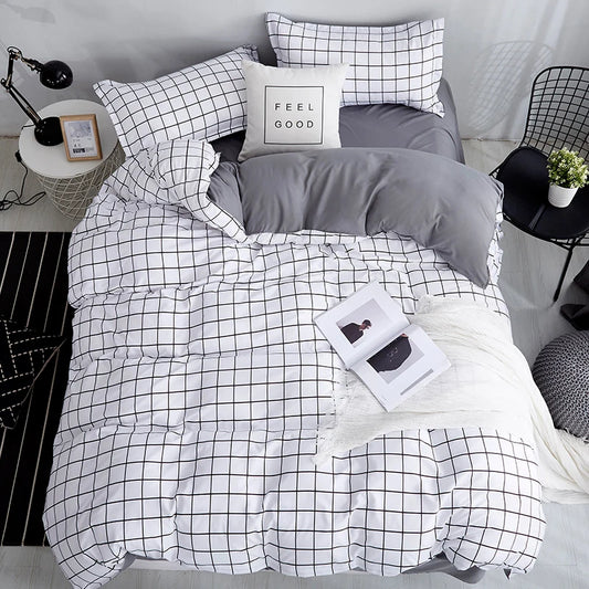 Queen Size Bedding Set, White Color, Black Plaid Microfiber, King Size Bed Linen