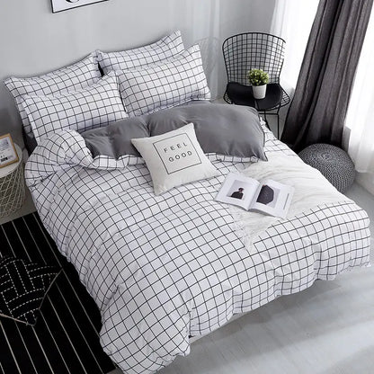 Queen Size Bedding Set, White Color, Black Plaid Microfiber, King Size Bed Linen