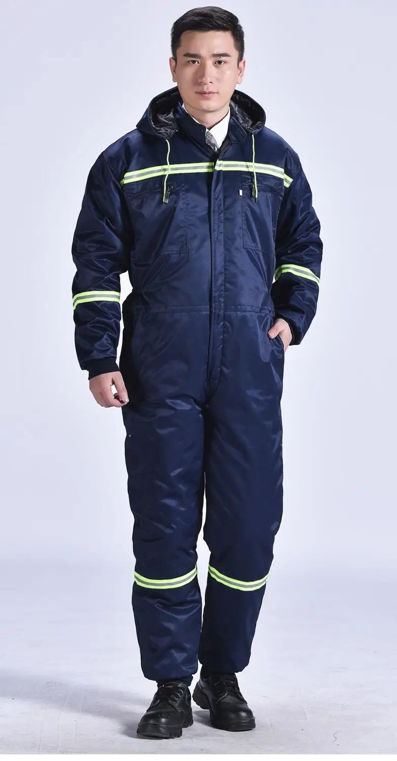 Winter Overalls Warm Cotton Padded Hooded Work Clothing, Dust-proof Anti Fouling Working Coveralls.