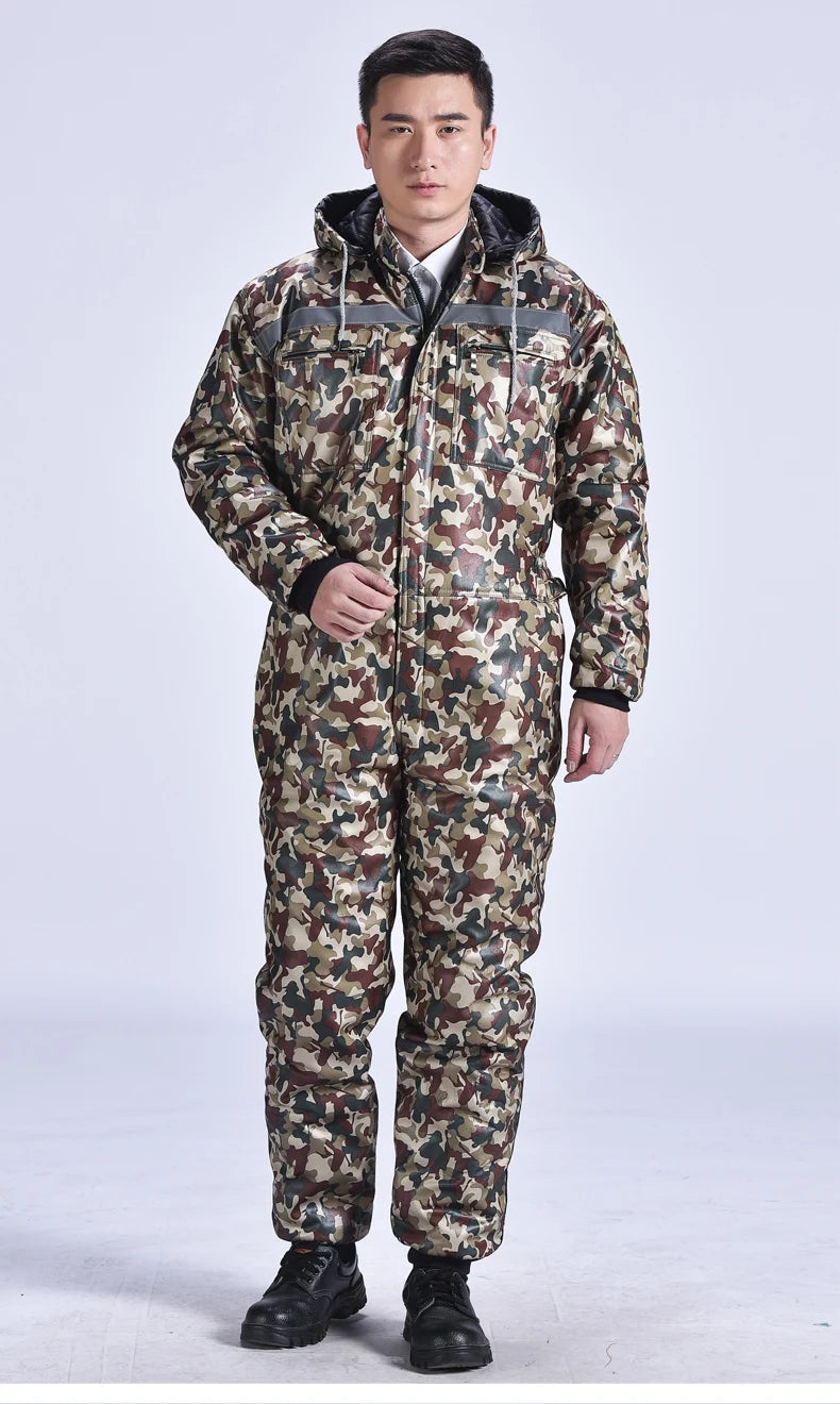 Winter Overalls Warm Cotton Padded Hooded Work Clothing, Dust-proof Anti Fouling Working Coveralls.