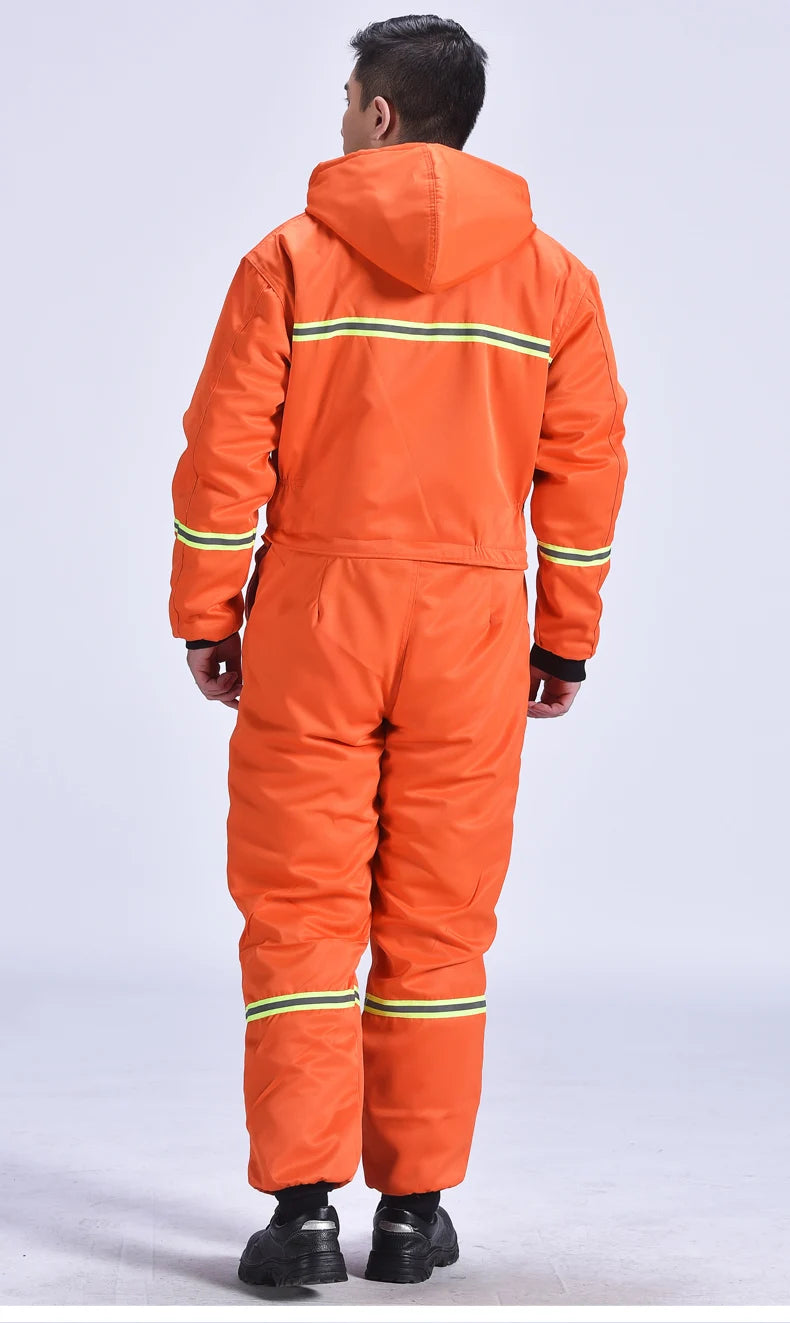 Winter Overalls Warm Cotton Padded Hooded Work Clothing, Dust-proof Anti Fouling Working Coveralls.
