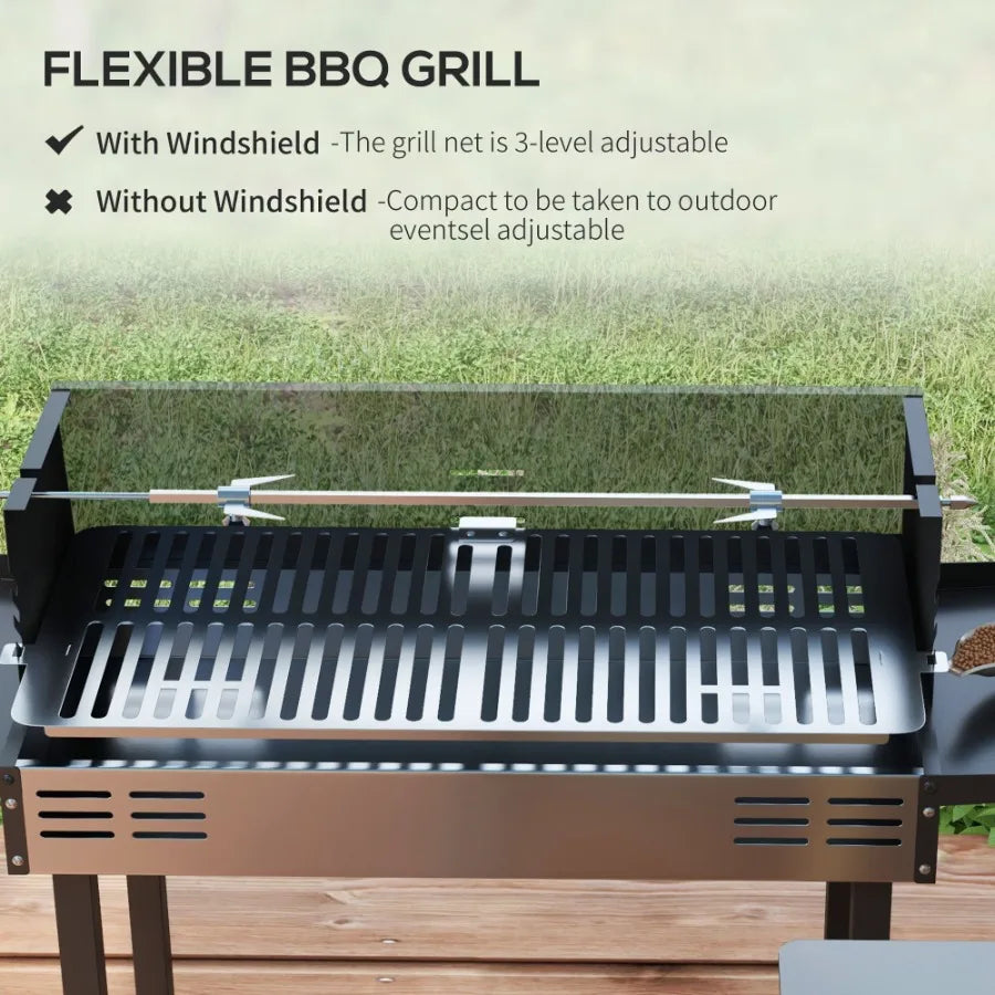 BBQ Rotisserie Charcoal Grill for Chicken Turkey  3Level Grate Storage Shelves Stainless Steel.