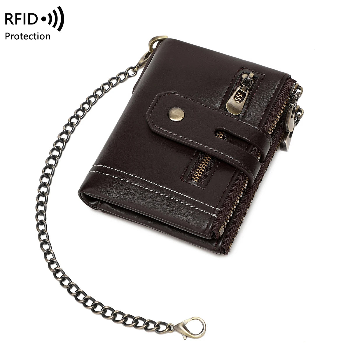 Double Zipper Wallet for Men, Multi-Card, Three-Fold Wallet with Chain.