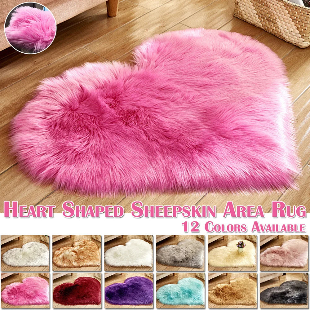 Heart Shaped Faux Fur Rug, Bedroom Fluffy Shaggy Area Rugs, Sheepskin Fuzzy Rug Carpets.