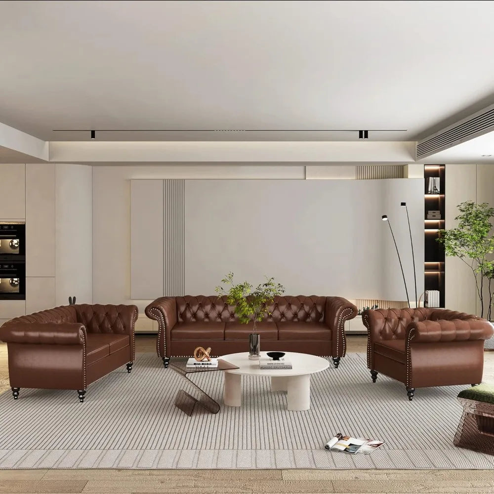 2pc Modern Tufted Faux Leather Living Room Sofa Set With Button & Nailhead Trim Scroll Arms, Grey, Customized