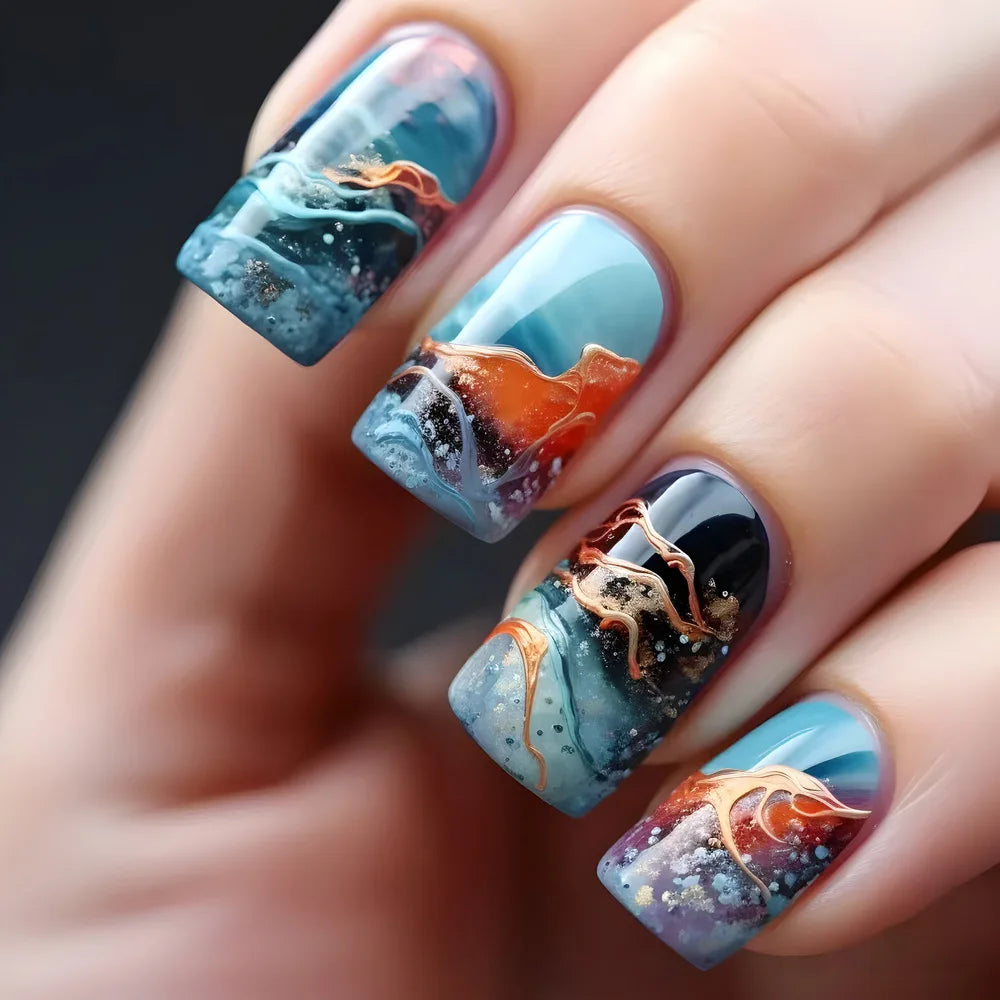 24pcs Golden Stripe Press on Nails Long Square False Nails Full Cover Nail Tips.