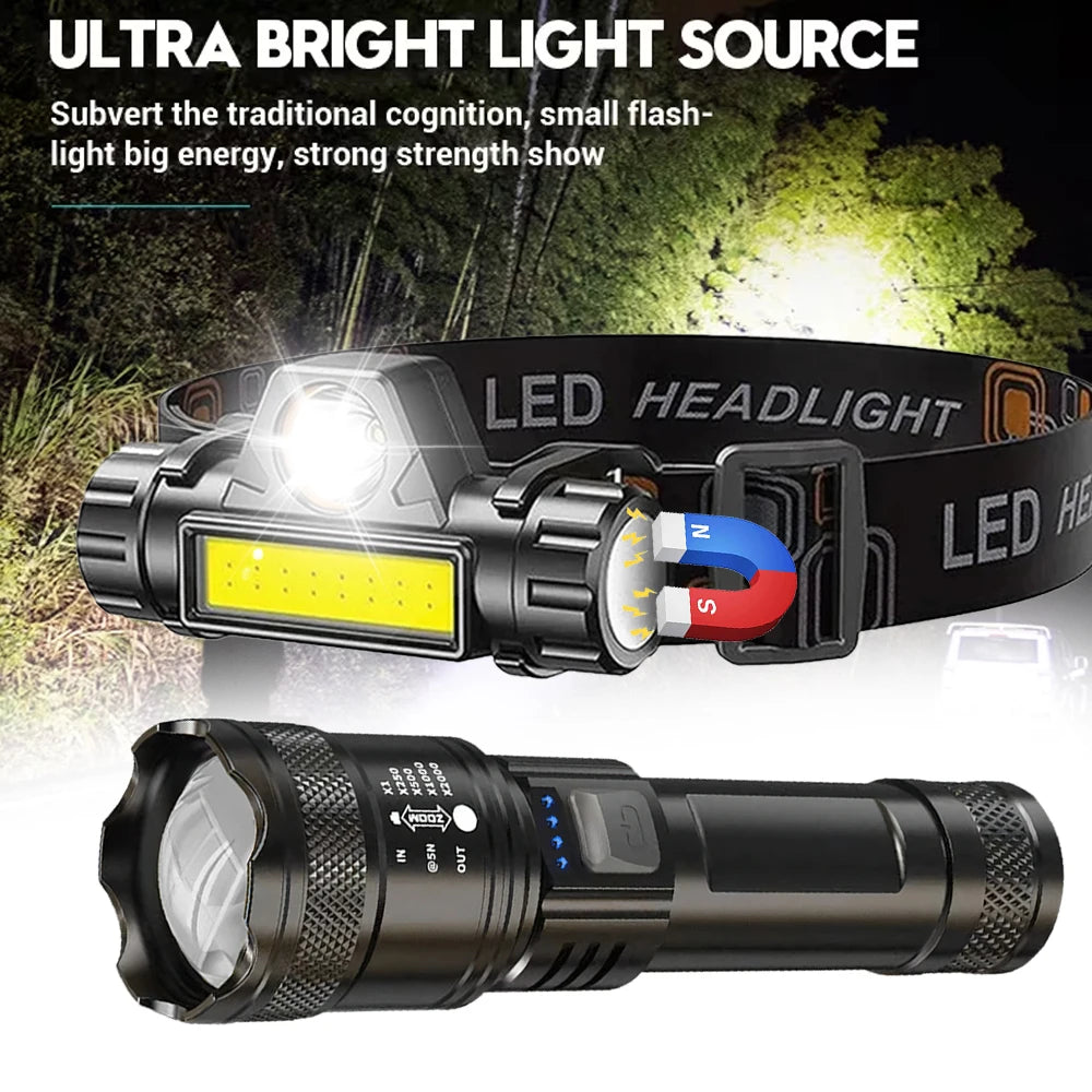 Ultra Bright LED Flashlight Type-C, Rechargeable Long Range Zoom Tactical Head Torch.