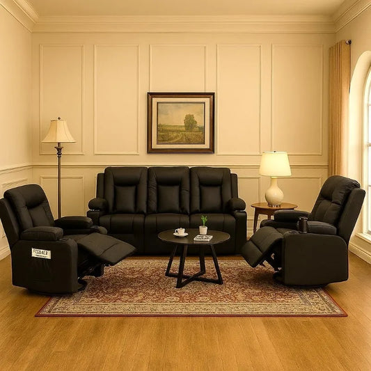 Leather Recliner Sofa Set with Manual Recliners Couch, Loveseat and Armchair