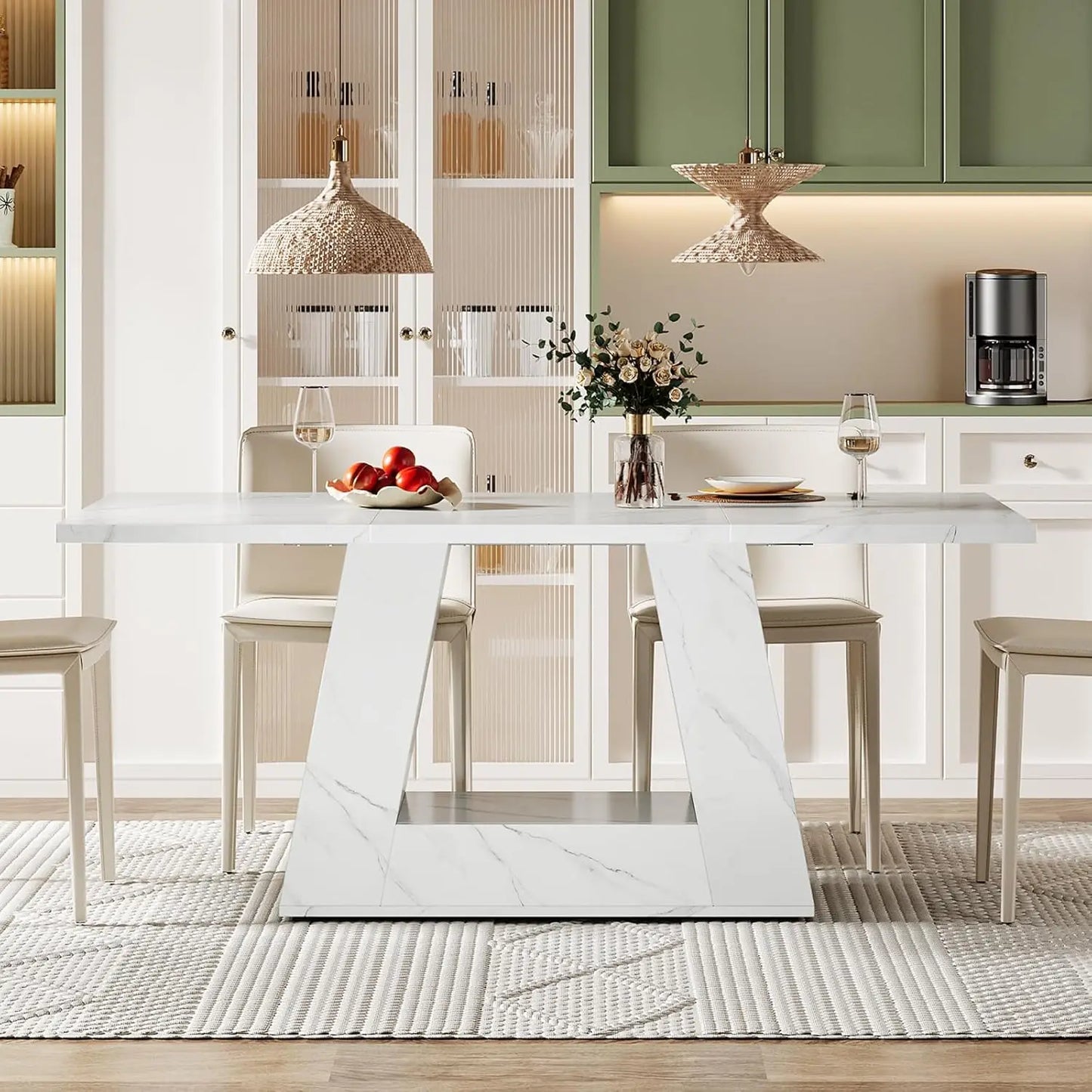 Dining Table for 4 to 6 People, 63" Rectangular Dining Room Table, Modern Wooden Faux Marble Dinner Table with Sturdy Base