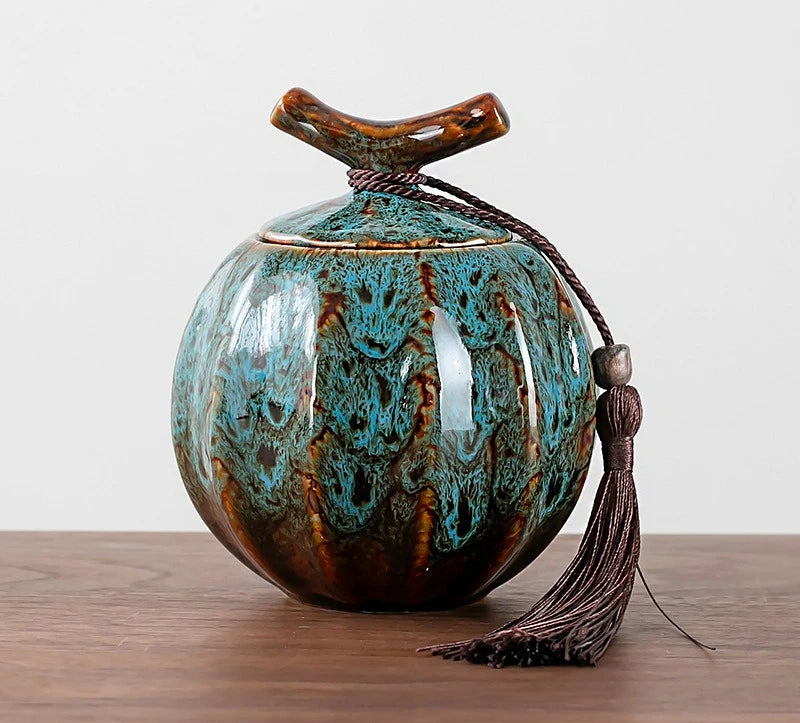 Pumpkin Style Tea Jar Ceramic Tea Barrel Yellow, Green, red Sealed Storage Pot .