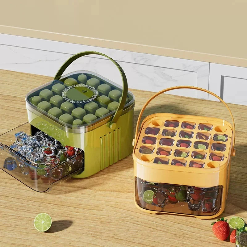 Compact Double Layer Ice Cube Tray with Lid and Bin, Pull-Out Ice Drawer with Portable Handle.
