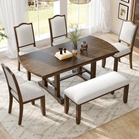 6-Piece Dining Set, Extendable 60-78 inch Wooden Table with Leaf, 4 Upholstered Chairs & Bench