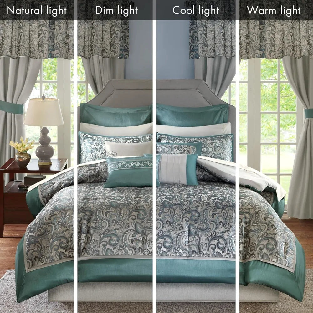 Madison Park Essentials Brystol 24-Piece Bedding Set, with Faux Silk Comforter and Jacquard Paisley Curtains.