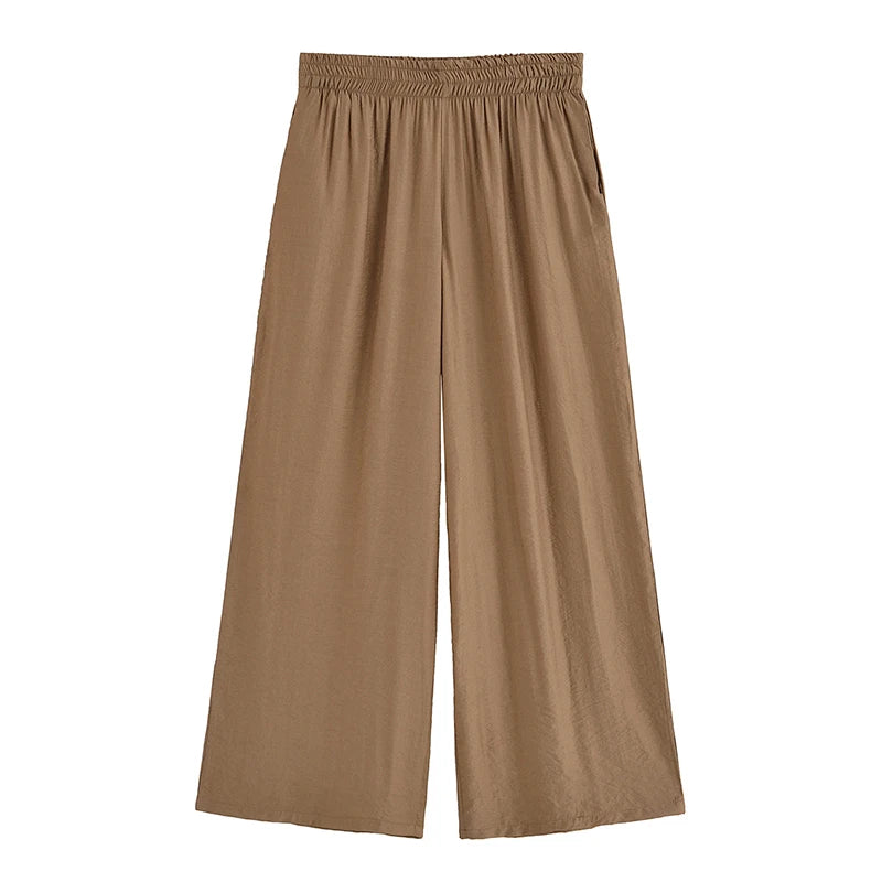 Women Fashion 2 Piece Set Solid Front Zipper Shirts & Vintage High Elastic Waist Trousers Female.