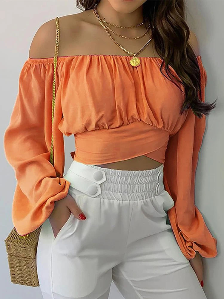 Women Sexy Off Shoulder Blouse, Chic and Elegant Long Sleeve Lace Up Bow Cropped, Casual Slim Shirts 2024.