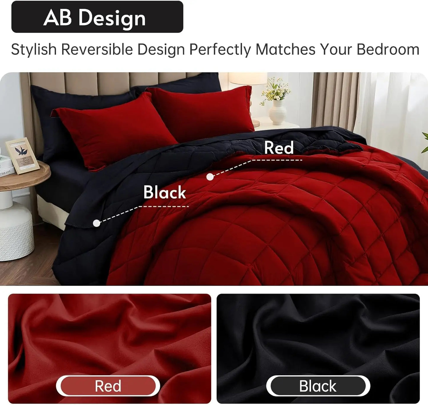 Reversible Comforter Set Queen/King Size, Comforter, Pillow Shams, Red & Black.