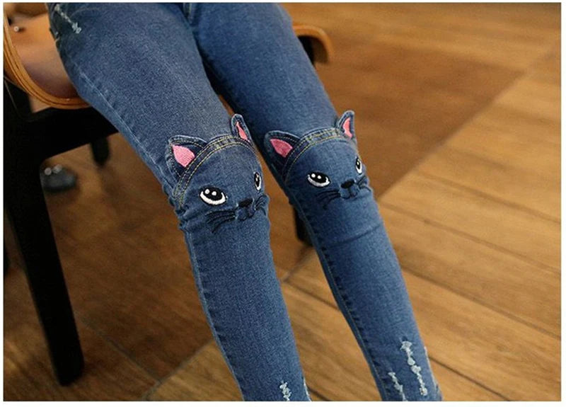 Children, Infants, Girls Casual Denim Long Pants, Skinny Trousers Prints.