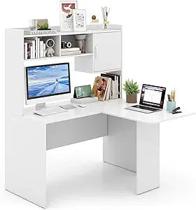 L Shaped Desk with Hutch, White Corner Desk with Storage Shelf & Cabinet, Laptop PC Table.