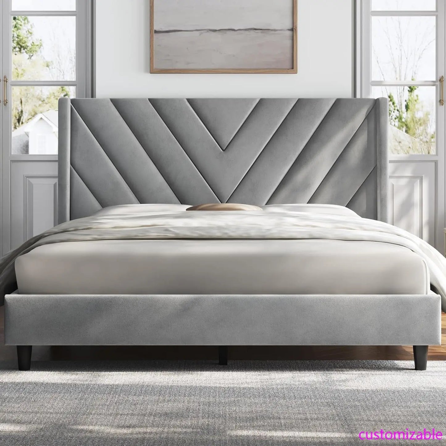 Queen Bed Frame Upholstered Platform Wooden Slat Support with Wing Side
