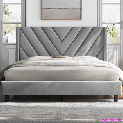 Queen Bed Frame Upholstered Platform Wooden Slat Support with Wing Side
