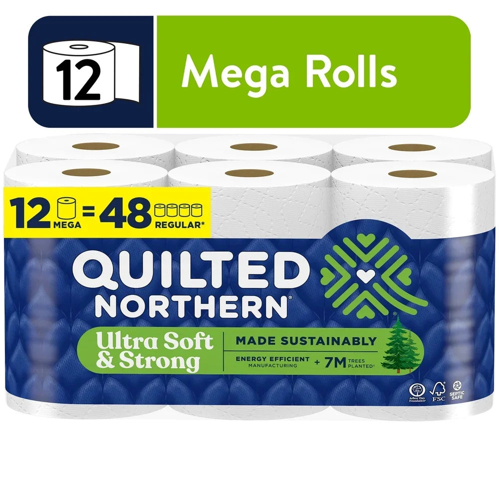 Ultra Soft Strong Toilet Paper 12 Mega Rolls 2 Ply 5X Strong Septic Safe Eco-Friendly.