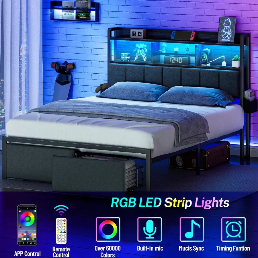 Full Size Bed Frame with Headboard ,with Storage Drawers, Charging Station, and LED Lights.