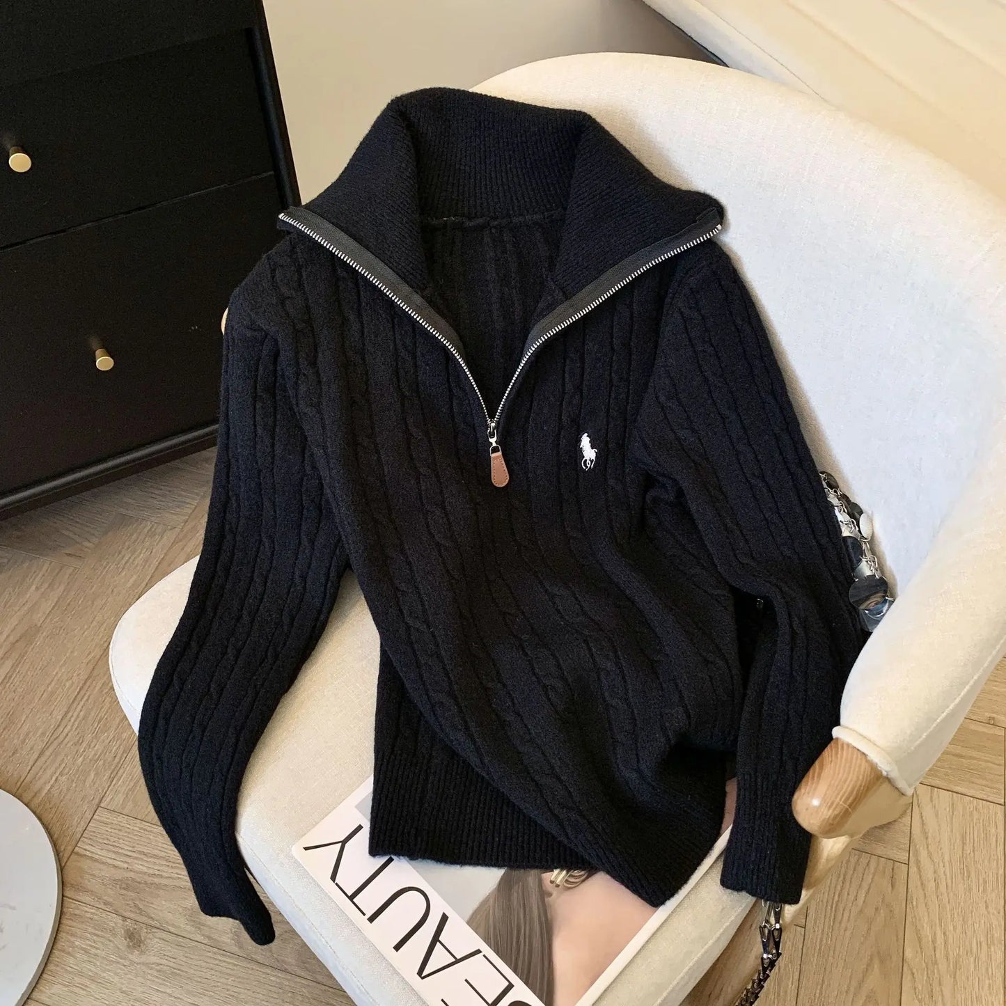 Slimming Effect Loose Fit Polo Neck ,Half Zip Sweater New Arrival!!!!