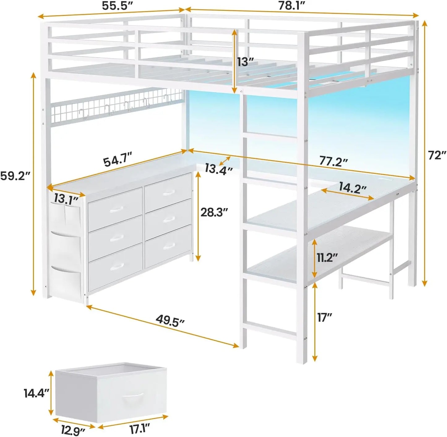 Loft Bed Full Size with U-Shaped Desk, 6 Storage Drawers, Power Outlet, LED.